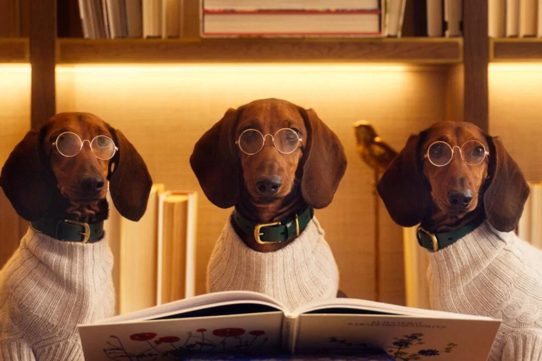 Three dogs with glasses and reading book