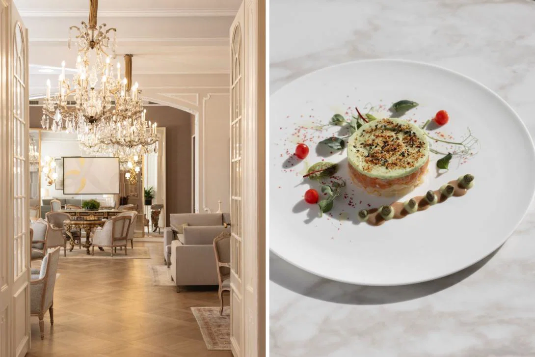 Palace Merano, lavish lobby and decorative plate with small quiche