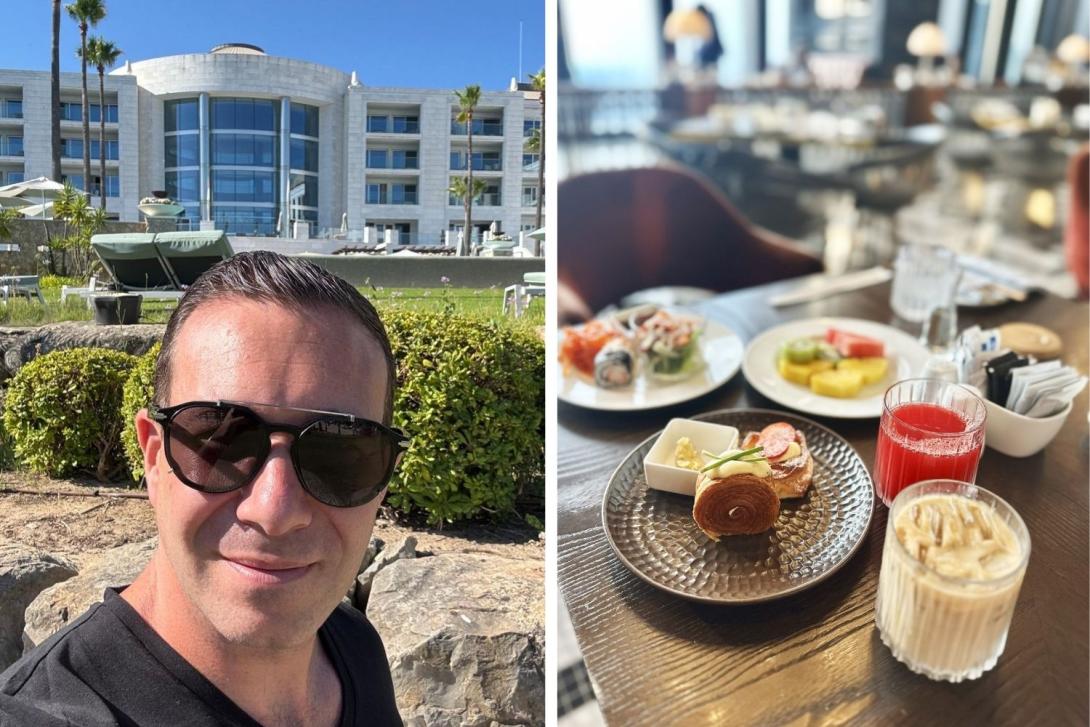 Man smiling with sunglasses and picture of hotel breakfast, including juice and pastries