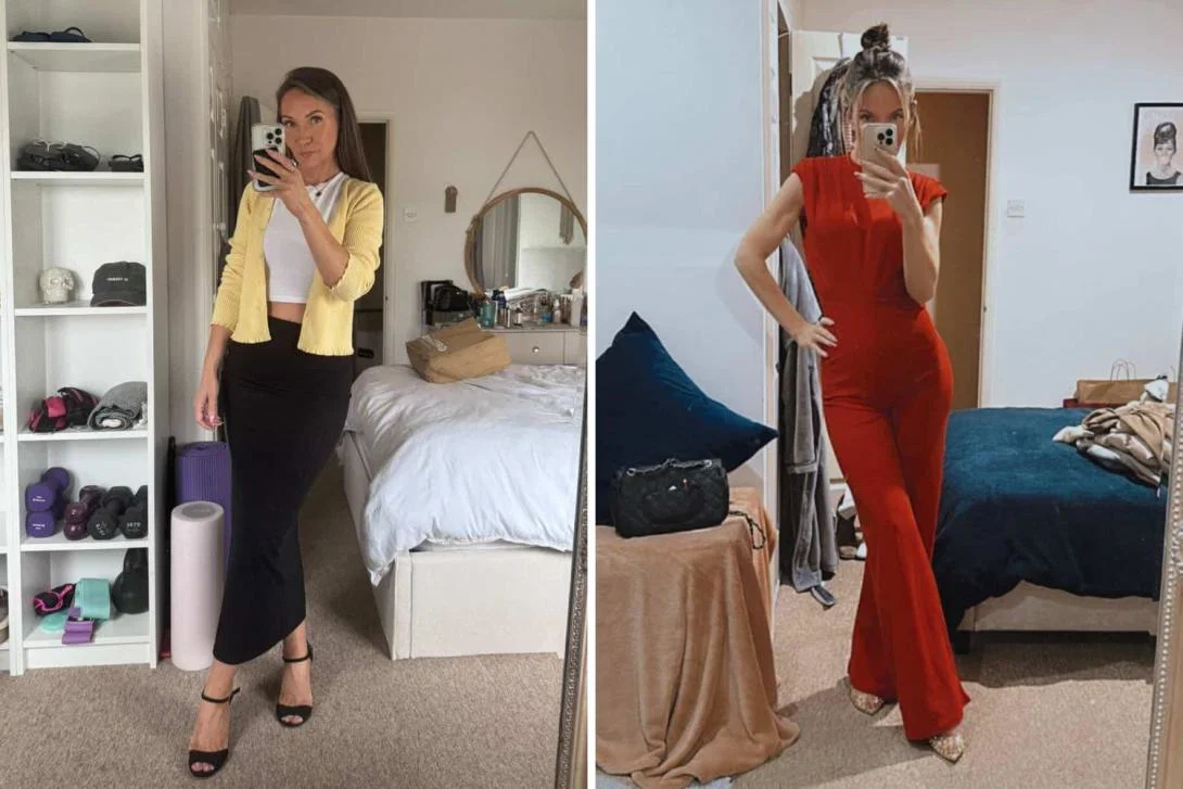 Woman in yellow blouse and black trousers, same woman on the right again wearing red jumpsuit