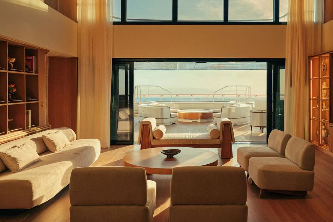 Yacht living room with ocean views