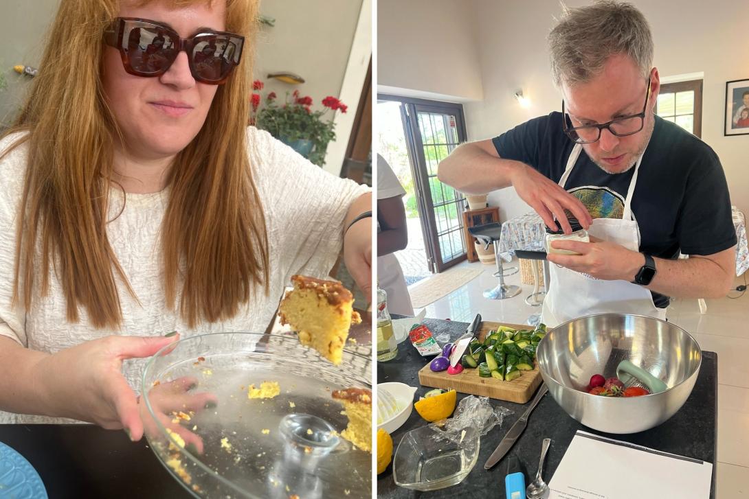 Telma with her orange cake while James whips up a salad