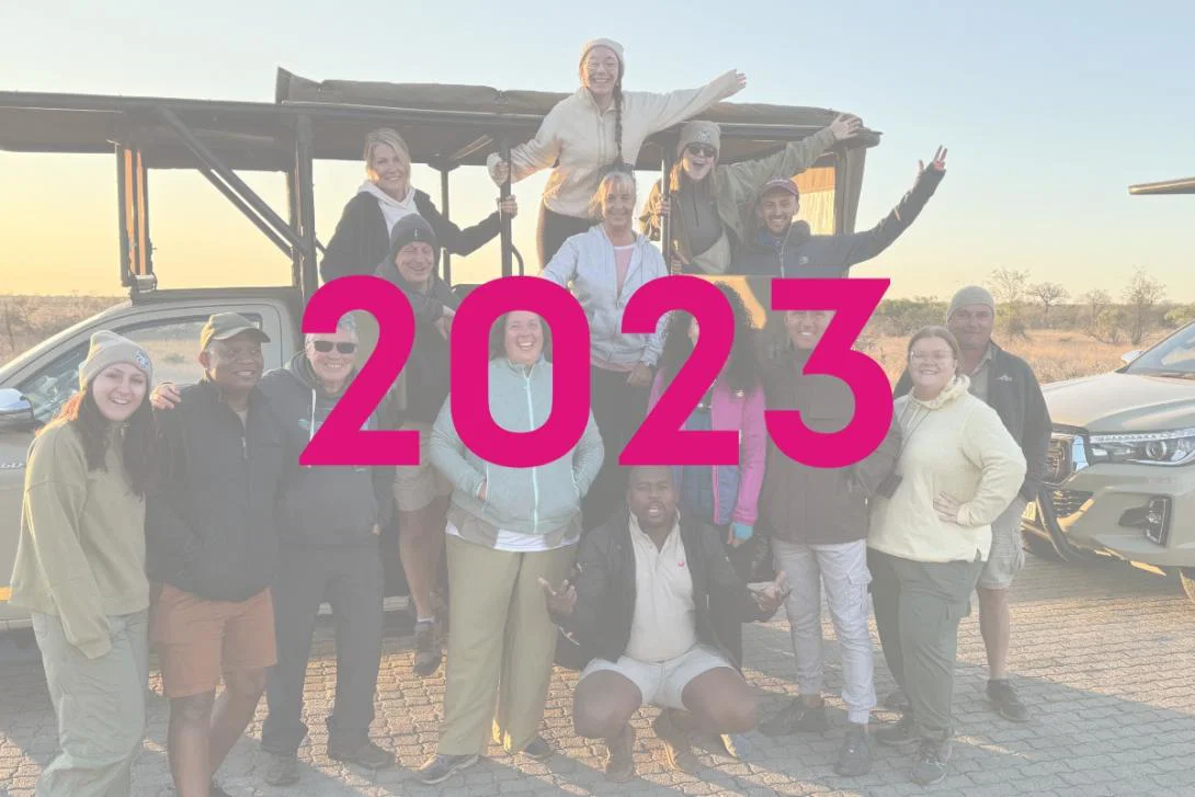 2023 year and group of people of a fam trip