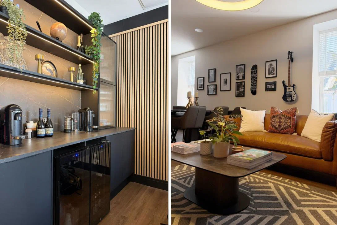 Wine and coffee bar and cushy sitting room with brown sofa