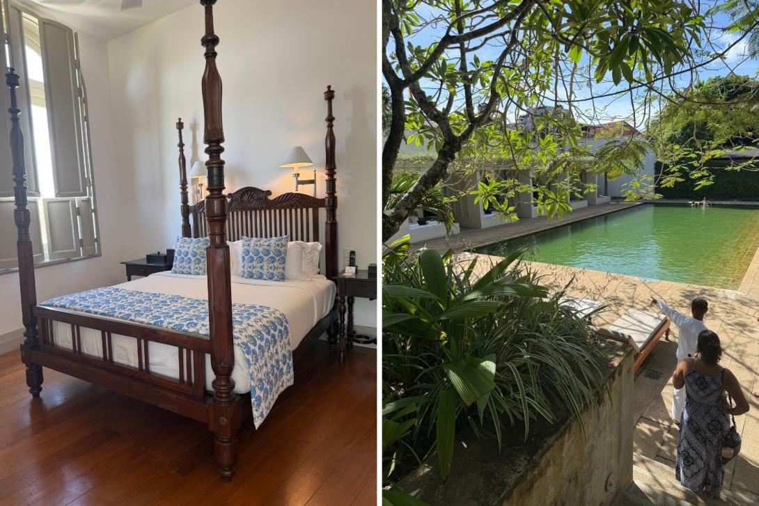 Two photos, one of four posted bed with white sheets and one of outdoor pool
