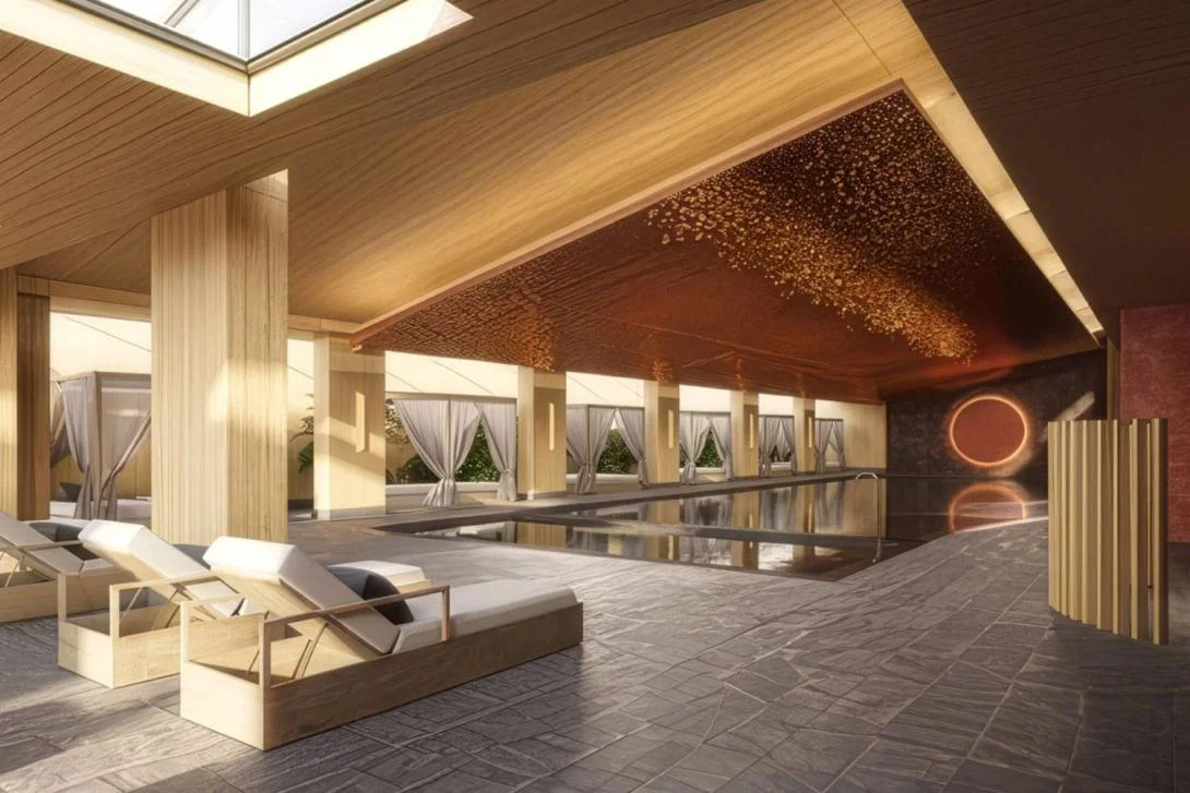 Indoor luxuyr pool with wooden ceilings