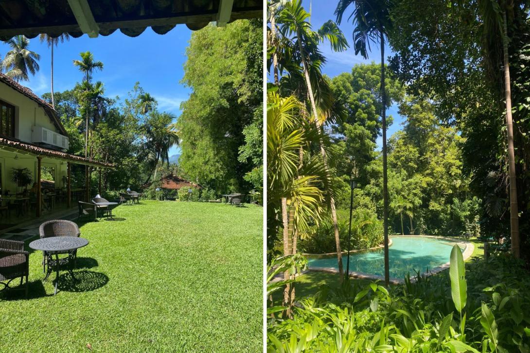 Two pictures: White lodge with green trees, one with outdoor pool