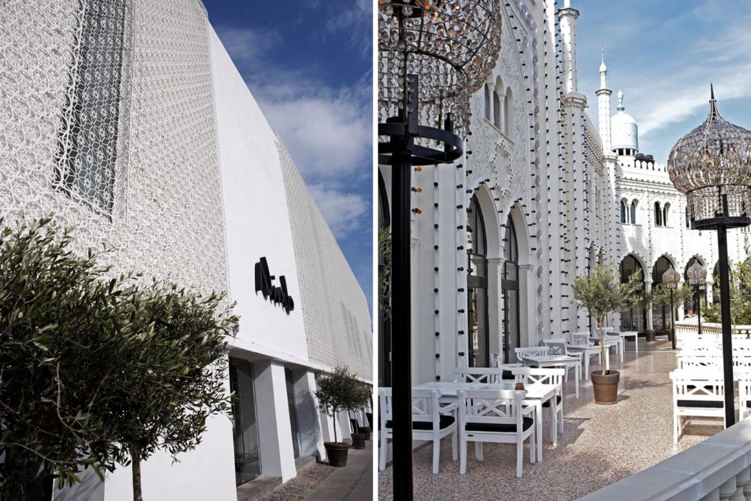 A diptych image showing two different exterior views of the Nimb Hotel in Copenhagen, showcasing a blend of modern and historic architecture.