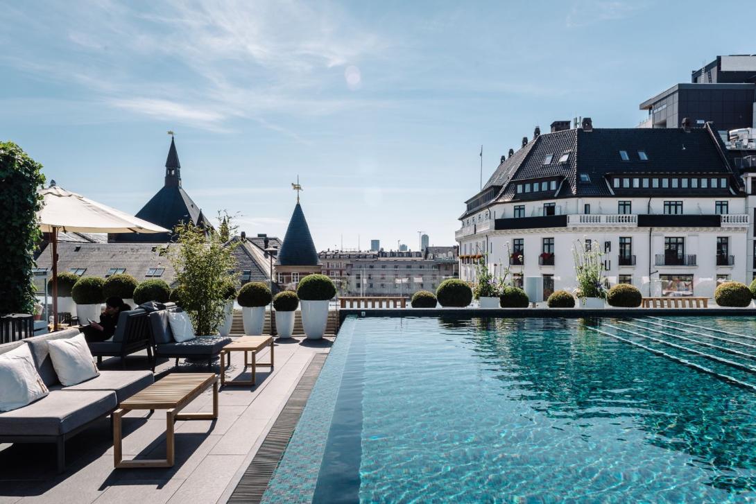 Infinity pool on city rooftop in Copenhagen