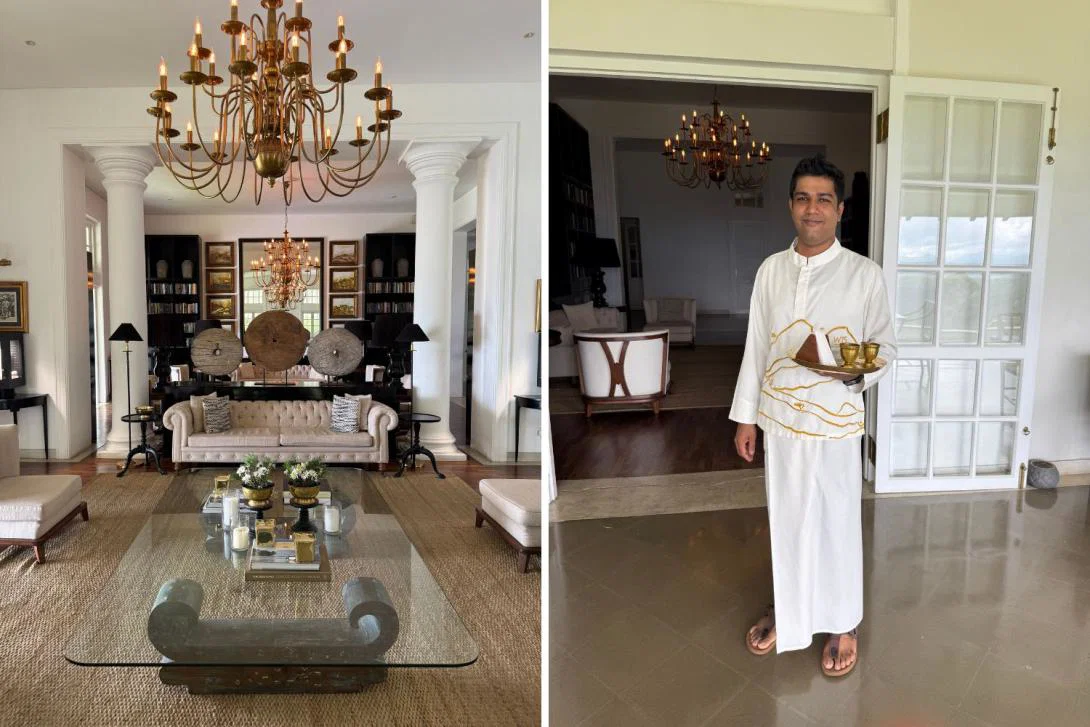 Two pictures: grand lobby with white sofa and chandelier, Sri Lankan man standing in long white outfit and holding tea