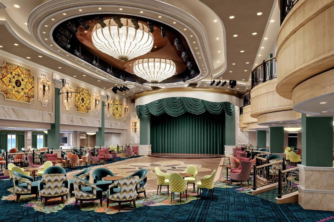 A luxury cruise ship lobby area with chandeliers on turquoise sofas
