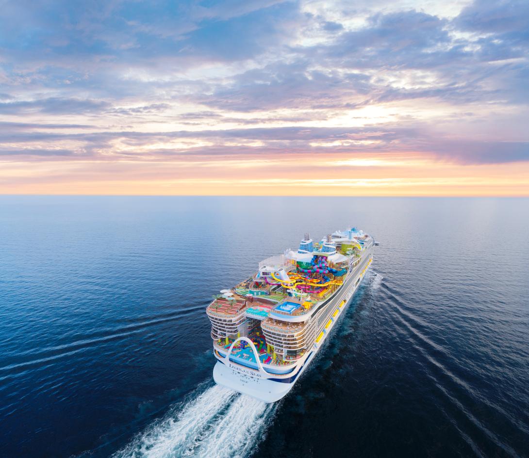 Royal Caribbean's Legend of the Seas ship sailing across the sea into a sunset