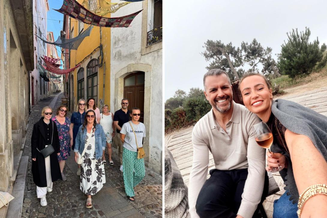 Two images, first of travel agents exploring Portugal's quaint streets and second, a selfie of man and woman having a glass of wine