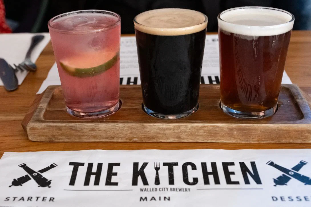Drinks on a bar at the Walled City Brewery