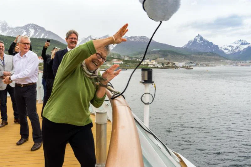 Margaret Mortimer christening Aurora Expeditions' ship, The Greg Mortimer