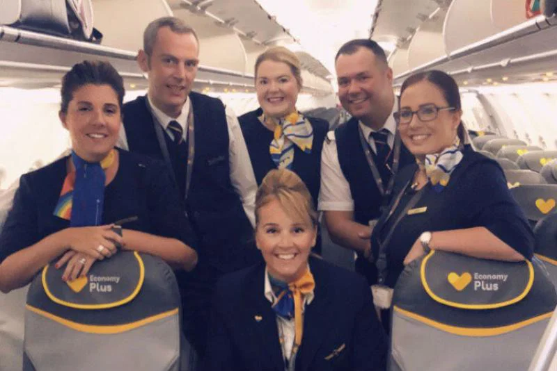 Carolyn Russell (back row, centre) worked as cabin crew for Thomas Cook Airlines for 16 years