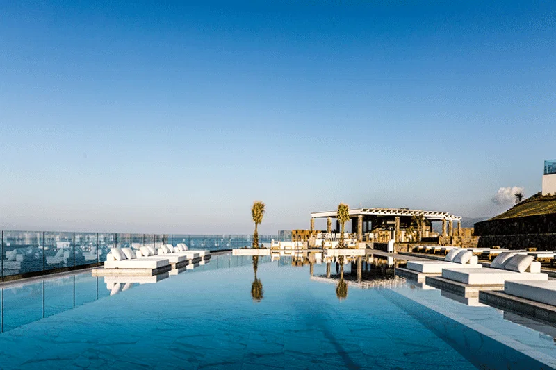 The pool area at Abaton sits between two stylish restaurants