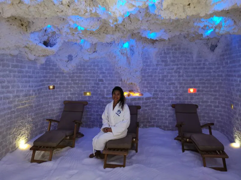 Writer Mary Ann enjoys relaxing in the Salt Cave, handmade with real Hungarian salt