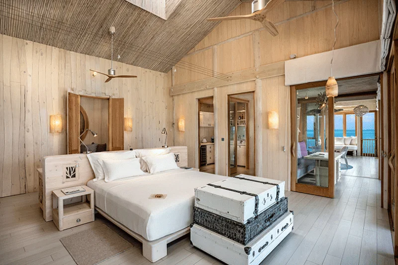 Soneva Jani's Water Reserves are decked out in whitewashed reclaimed wood