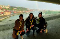 Writer Franki Berry (middle) prepares for the Bridge Climb Porto